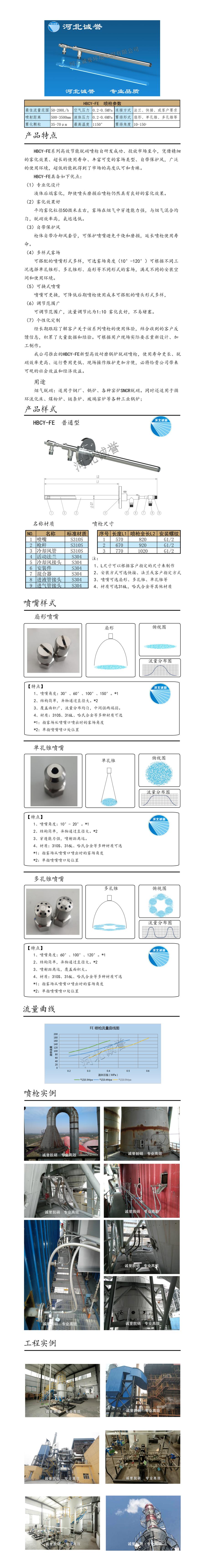 脫硝噴槍、保護(hù)套、噴槍參數(shù)、材質(zhì)尺寸、流量分布圖、扇形空心錐俯視圖介紹，以及噴槍霧化視頻展示和工程案例介紹